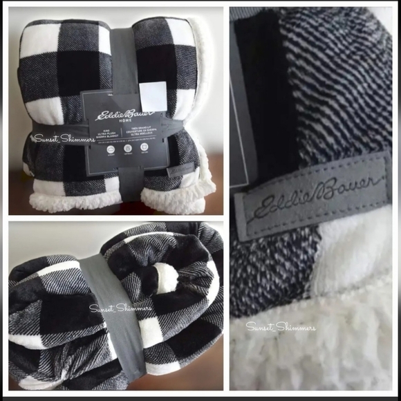EDDIE Bauer King sz Black & White Gingham Check Plaid Fleece Sherpa Blanket New - Picture 1 of 8